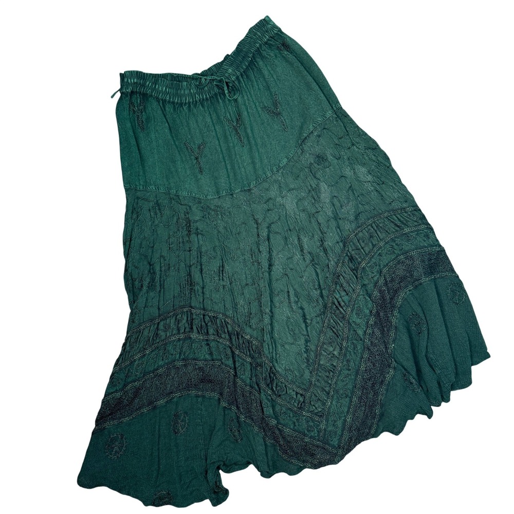 Y2K Boho Maxi Skirt Womens S/M Emerald Green Rayon Embroidered Lace Trim Gypsy
